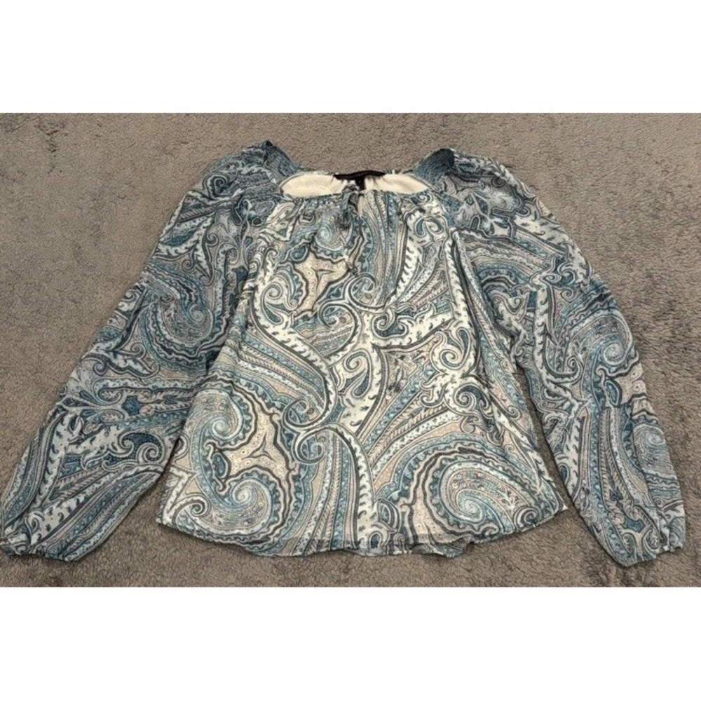 White House Black Market Blouse Women's Small Paisley Turquoise Peasant Bohemian